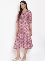 Thumbnail for AURELIA Pink Floral Ethnic A-Line Midi Dress