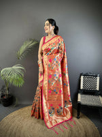 Thumbnail for Joban Fashion Pastel Red Mughal-Inspired Motifs Soft Silk Paithani Saree - Distacart