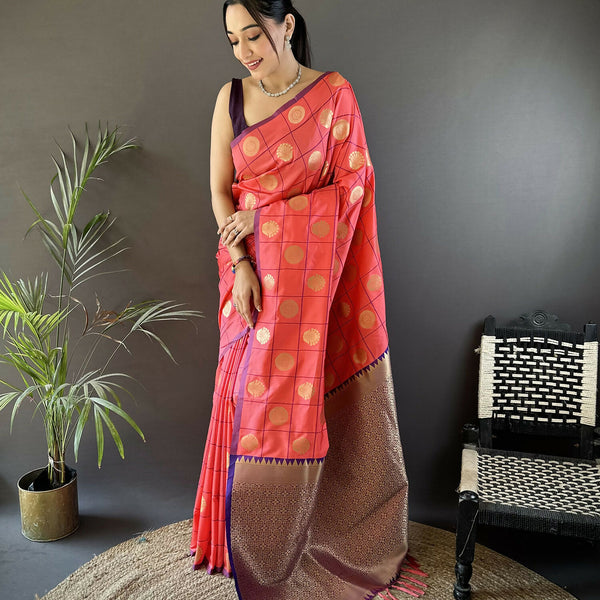 Joban Fashion Pink Checked & Circular Motifs Soft Silk Banarasi Saree - Distacart