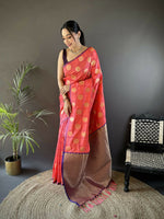 Thumbnail for Joban Fashion Pink Checked & Circular Motifs Soft Silk Banarasi Saree - Distacart