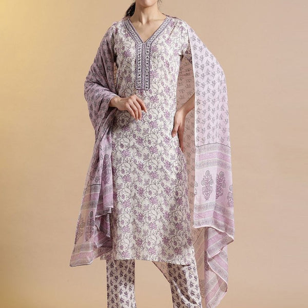 Anouk Floral Printed Pure Cotton Kurta With Trousers & Dupatta - Distacart