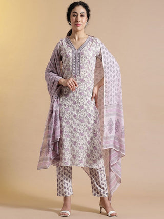 Anouk Floral Printed Pure Cotton Kurta With Trousers & Dupatta - Distacart