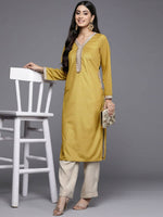 Thumbnail for Ahalyaa Women Mustard Yellow & Golden Ethnic Motifs Yoke Design Velvet Kurta - Distacart