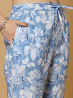 Thumbnail for Kalini Floral Printed High Slit Pure Cotton Kurta with Trousers - Distacart