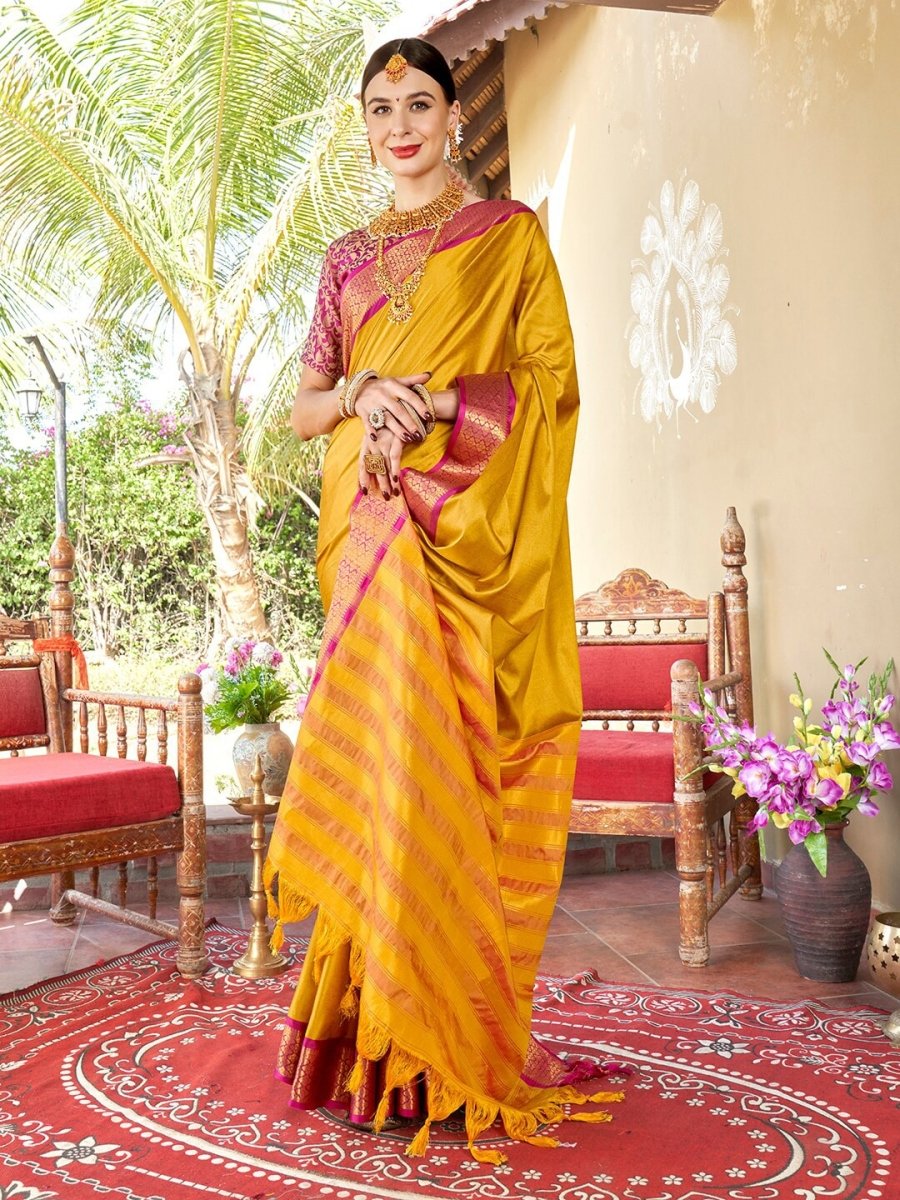 Anouk Yellow & Pink Zari Art Silk Saree - Distacart