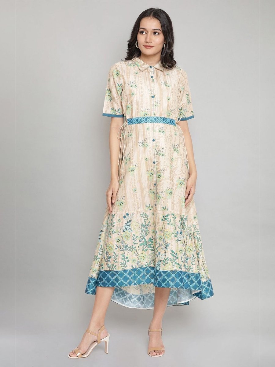 AURELIA Cream-Coloured & Blue Floral A-Line Midi Dress - Distacart