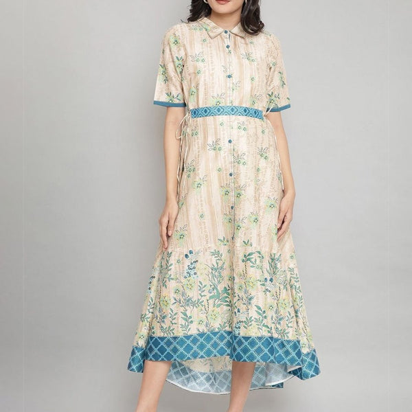 AURELIA Cream-Coloured & Blue Floral A-Line Midi Dress - Distacart