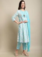 Thumbnail for Sangria White & Blue Floral Printed Mirror Work A-Line Kurta With Trouser & Dupatta
