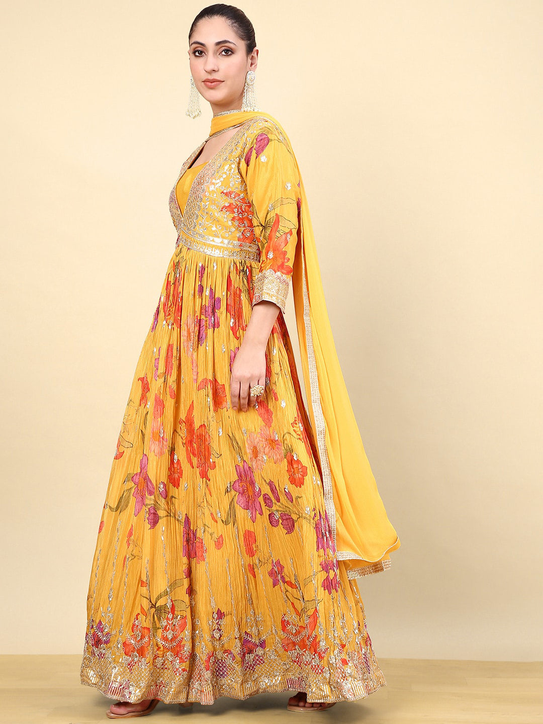 Soch Women Floral Embroidered Pleated Sequinned Kurta with Churidar & With Dupatta - Distacart