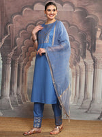 Thumbnail for Vishudh Blue Ethnic Motifs Yoke Design Straight Kurta With Trousers & Dupatta