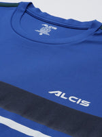 Thumbnail for Alcis Men Blue & Black Striped Detail Slim Fit T-shirt - Distacart