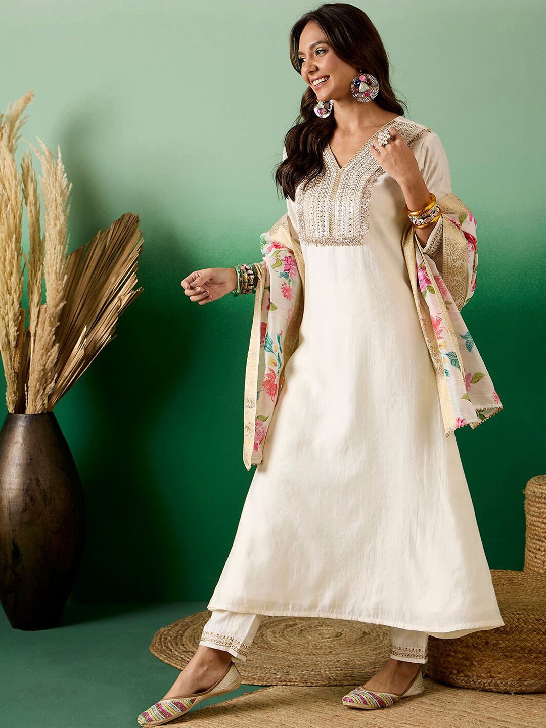 Sangria Off White Floral Embroidered Zari Sequence A-Line Kurta With Trouser & Dupatta