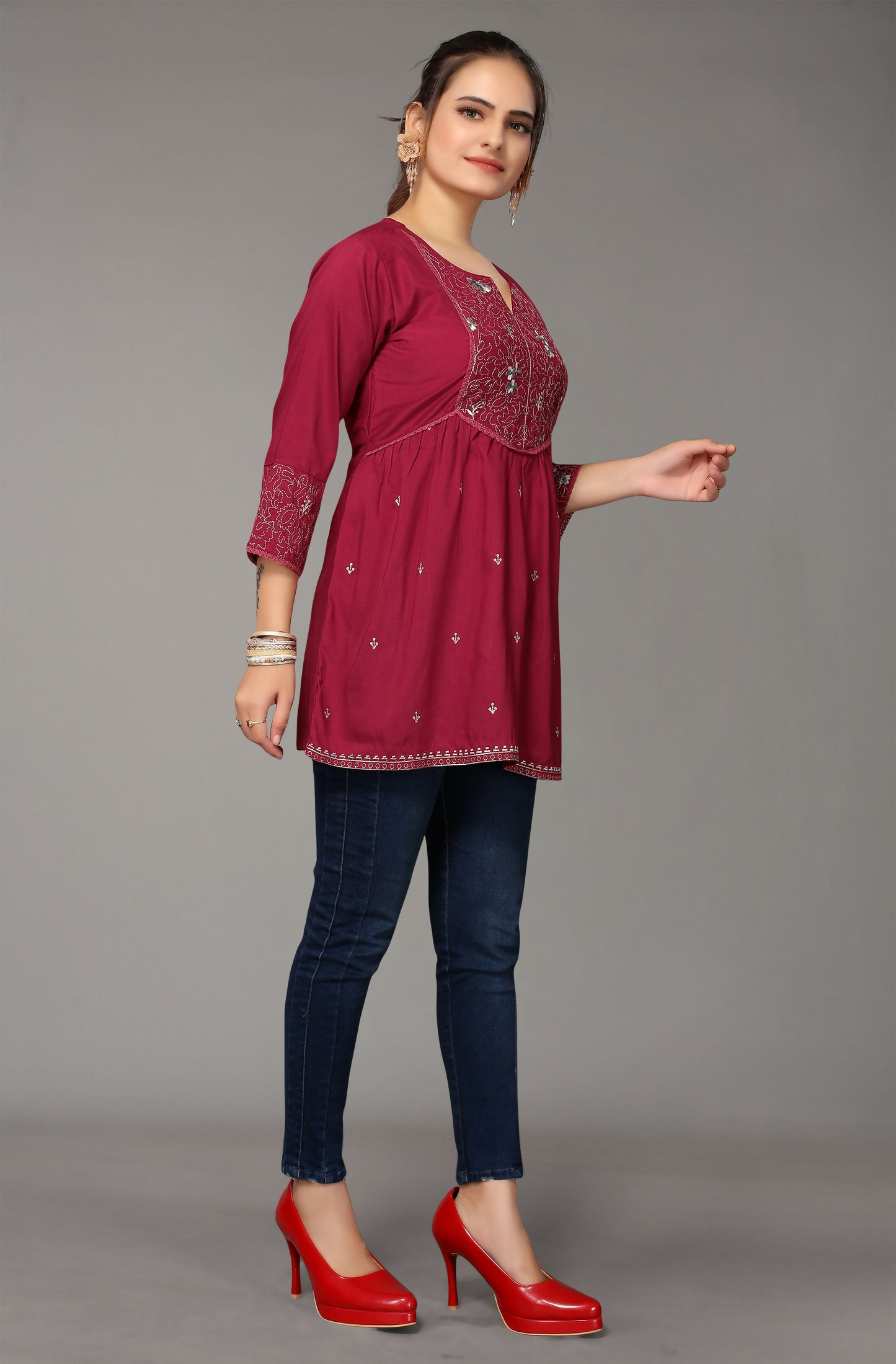 Women's Maroon Viscose blend Embroidered Short Top - Marina - Distacart