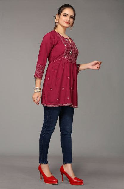 Women's Maroon Viscose blend Embroidered Short Top - Marina - Distacart