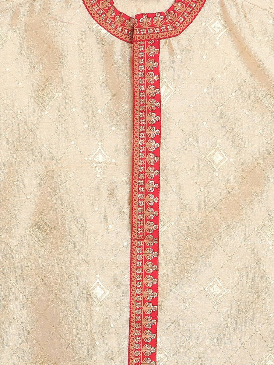 Ahalyaa Beige Poly Silk Gold Print Kids Kurta Churidar Set For Boys - Distacart