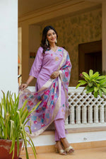 Thumbnail for The52 Lavender Women's Gorgeous Embroidered work Viscose Gadhwal Fabric Straight Kurta, Pant and Dupatta Set - Distacart
