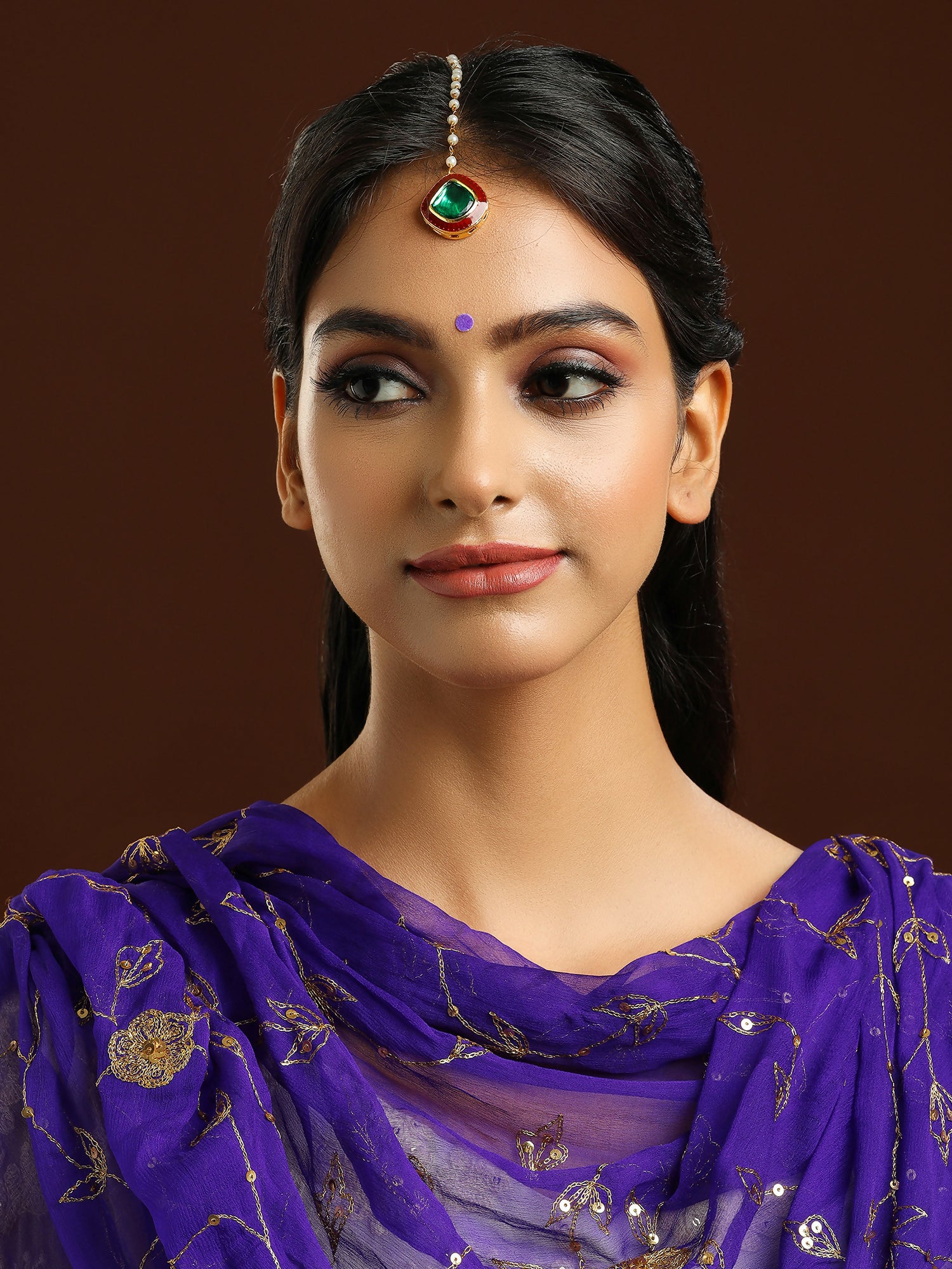 Ruby Raang Green and Red Meenakari Kundan Maang tikka