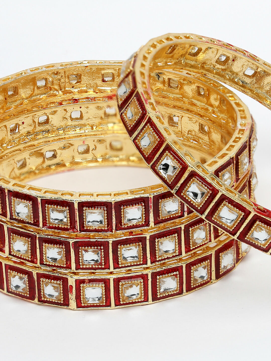 NVR Women's Set Of 4 Gold-Plated Red Kundan-Studded Traditional Bangles - Distacart