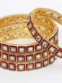 Thumbnail for NVR Women's Set Of 4 Gold-Plated Red Kundan-Studded Traditional Bangles - Distacart