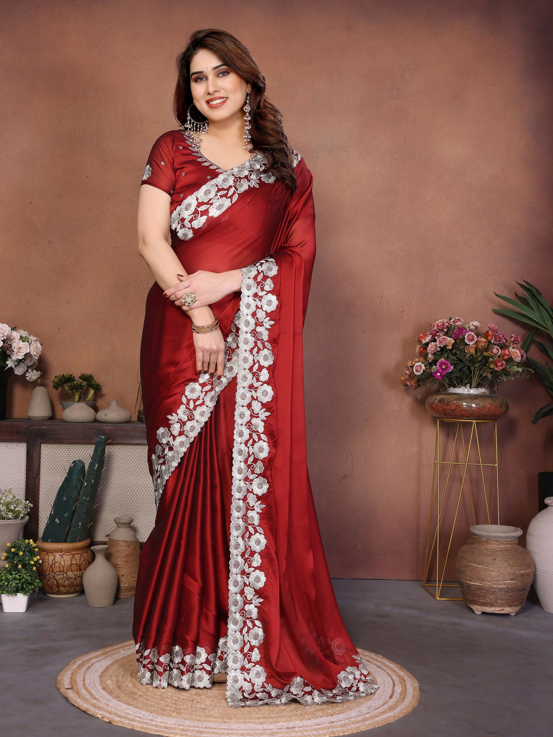 Teeya Creation New Trendy Stylish Party Wear Silk Saree-Red - Dista
