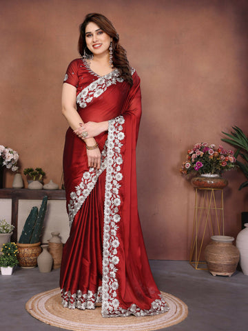 Teeya Creation New Trendy Stylish Party Wear Silk Saree-Red - Dista