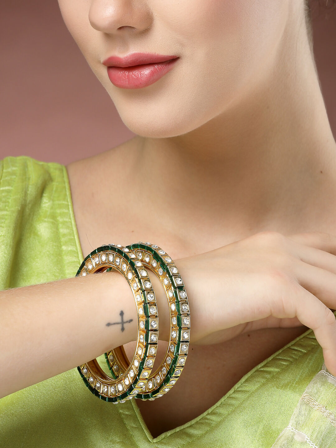 NVR Women's Set Of 2 Gold-Polished Kundan-Studded Bangles - Distacart