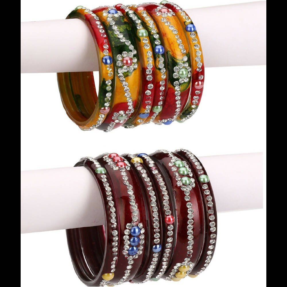 Afast Bridal Wedding & Party Fashionable Colorful Glass Bangle/Kada Set, Pack Of 12 - Yellow, Maroon - Distacart