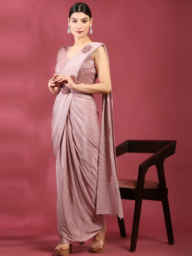 Pink Imported Crush Lycra Texture Pattern Ready to Wear Saree with stitched Blouse - Nirvana - Distacart