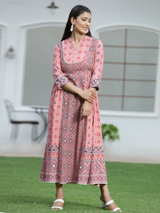 Juniper Peach Geometric Printed Pure Cotton Maxi Dress With Lace Work - Distacart