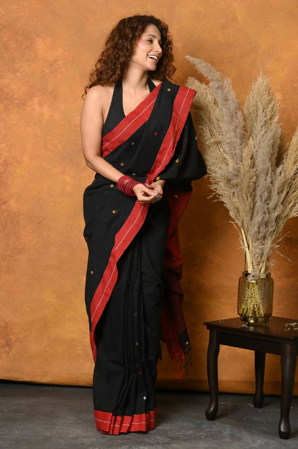 Very Much Indian Pure Cotton Handloom Saree with Buttis & Sleek Border - Black - Distacart