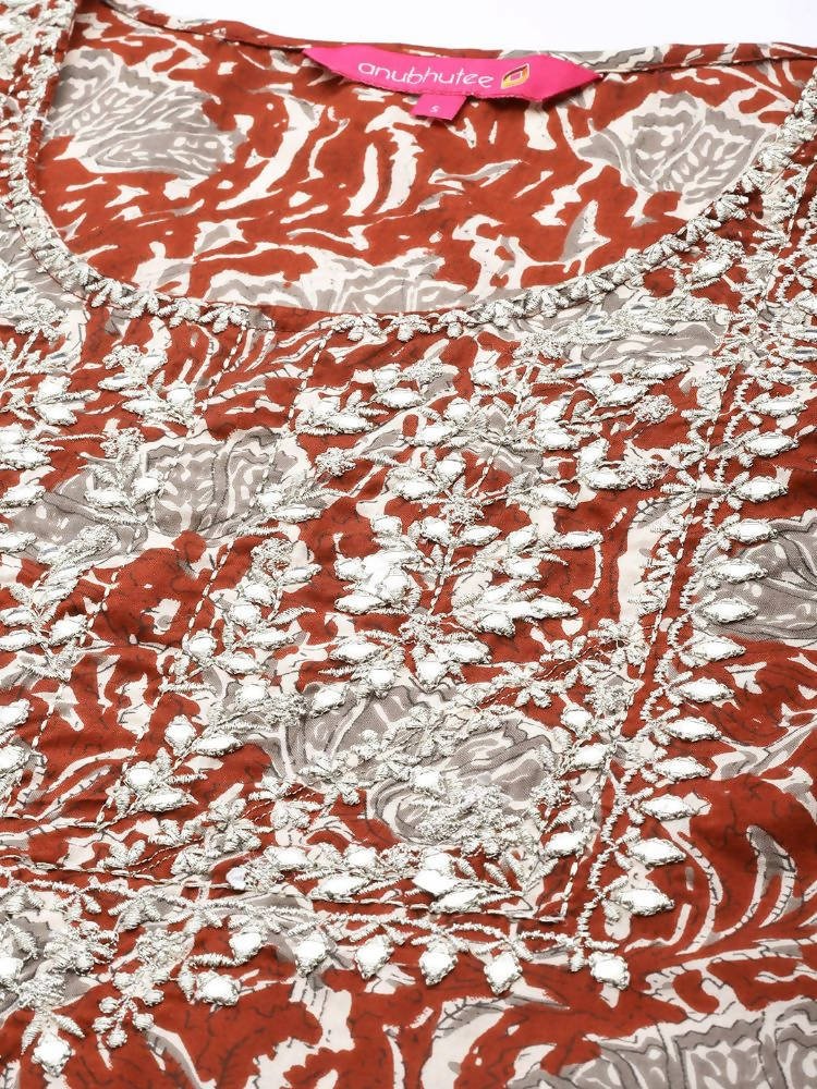 Anubhutee Rust Red Embroidered Pure Cotton Kurta with Trousers & Dupatta - Distacart