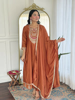 Thumbnail for The52 Rust Women's Gorgeous Embroidered Vichitra Silk Fabric Flared Kurta, Pant and Dupatta Set - Distacart