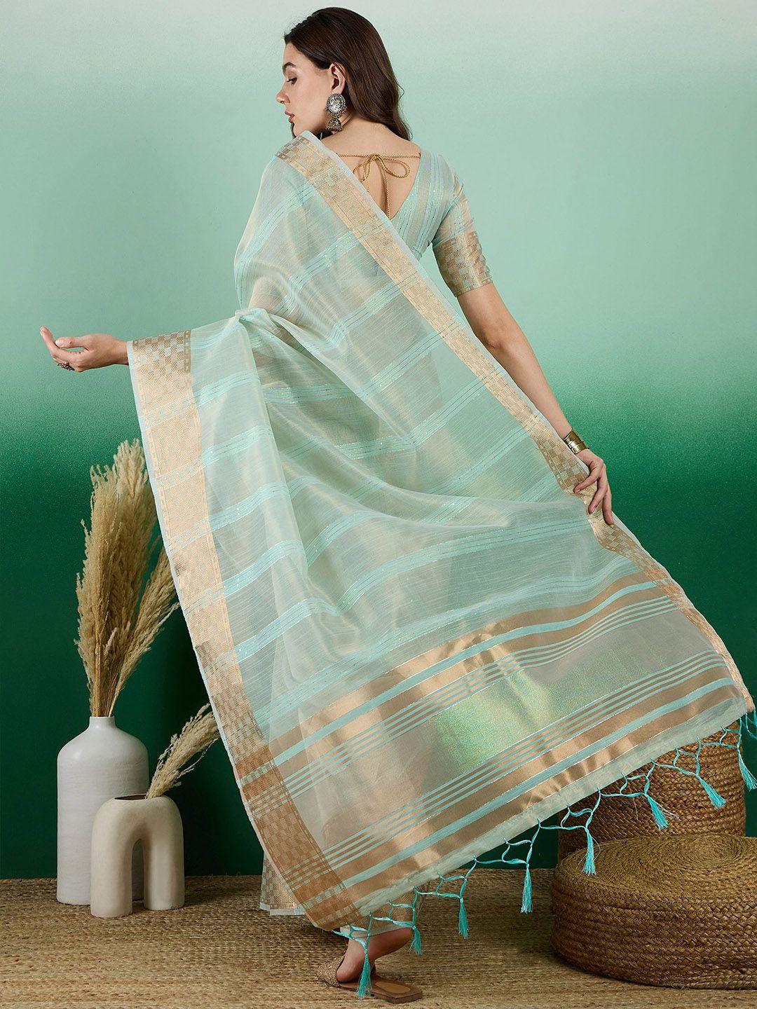 Mitera Striped Zari Organza Saree - Distacart