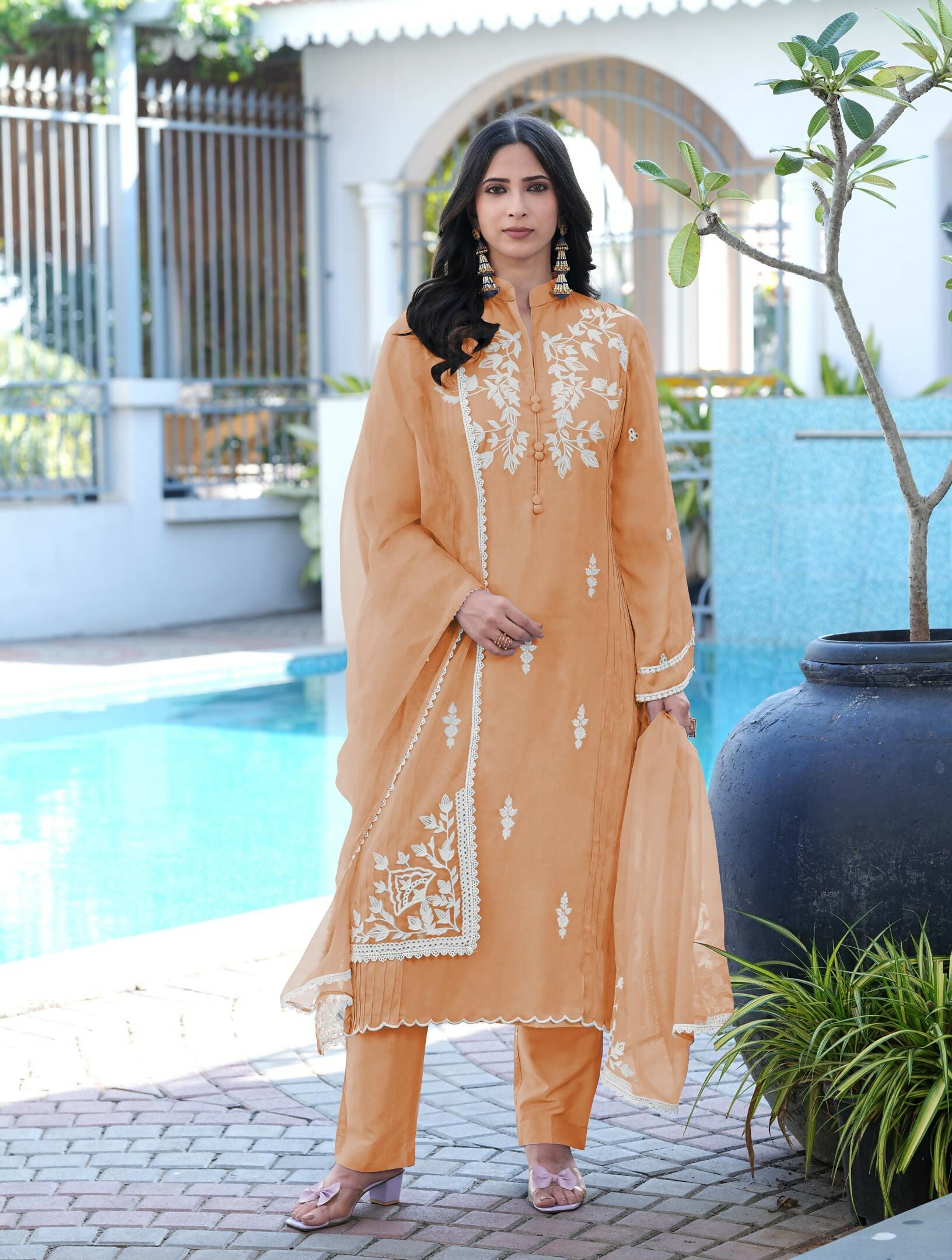 Nikhaar Orange Embroidered Modal Silk Stitched Straight Cut Kurta Pants Dupatta Readymade Suit - Dista
