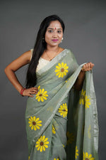Thumbnail for Exclusive Collection Light Pista Pure Cotton Saree With Sunflower Design