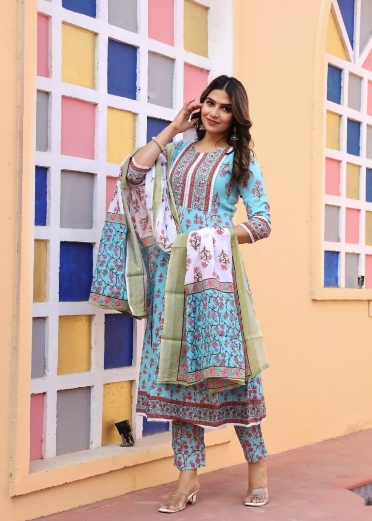 Alvano Printed Anarkali Kurti with Pant and Dupatta Set for Women's and Girls Rayon - Distacart