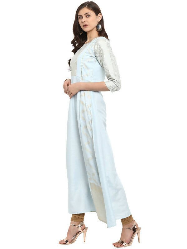 Ahalyaa Women Blue & Silver-Coloured Yoke Design A-Line Kurta - Distacart