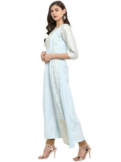 Ahalyaa Women Blue & Silver-Coloured Yoke Design A-Line Kurta - Distacart