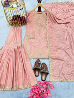 Thumbnail for Teeya Creation Peach Color Chinnon Silk Embroidery Work Wedding Wear Salwar Suit - Distacart