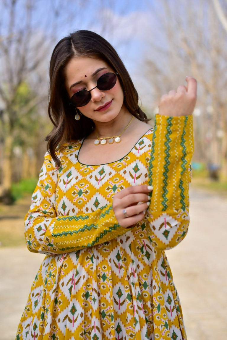 Jyoti Fashion Women's Mustard Heavy Digital Printed Cotton Silk Anarkali Dress - Distacart