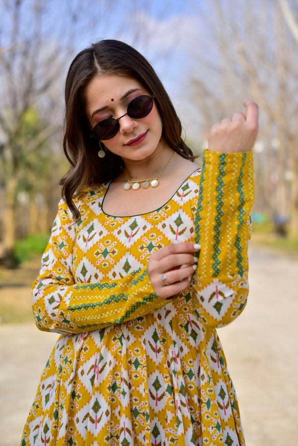 Jyoti Fashion Women's Mustard Heavy Digital Printed Cotton Silk Anarkali Dress - Distacart