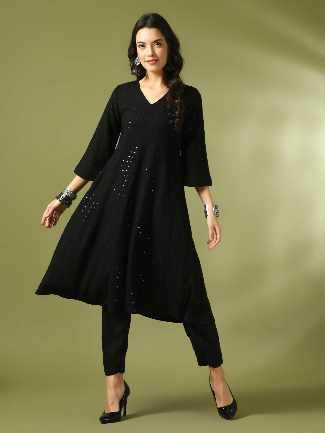 Myshka Women's Black Embroidered Cotton A-Line Party Kurta Set - Distacart
