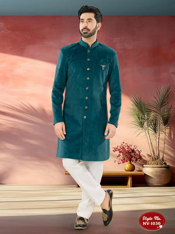 Joban Fashion Men's Blue Straight Swed Velvet Thread & Sequence Embroidery All Over Indo-Western Kurta Set - Distacart