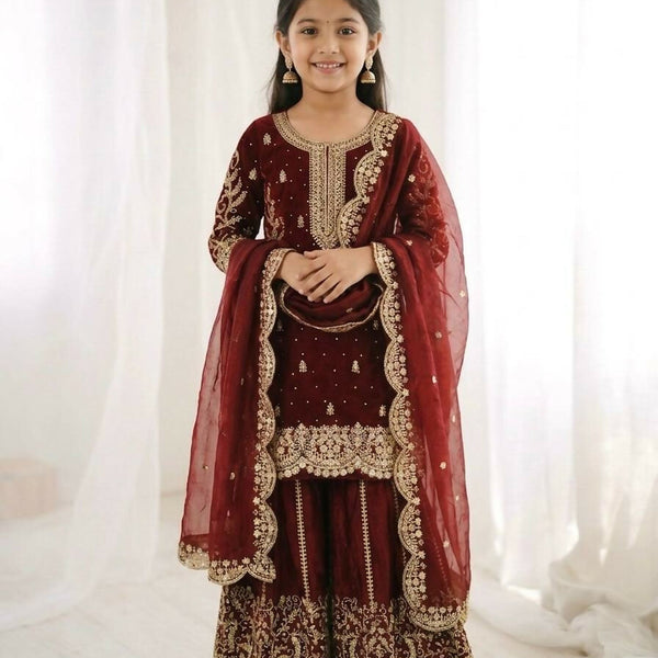 Teeya Creation Girls Heavy Embroidery Ethnic Kurta And Palazzo Set With Net Dupatta - Dista