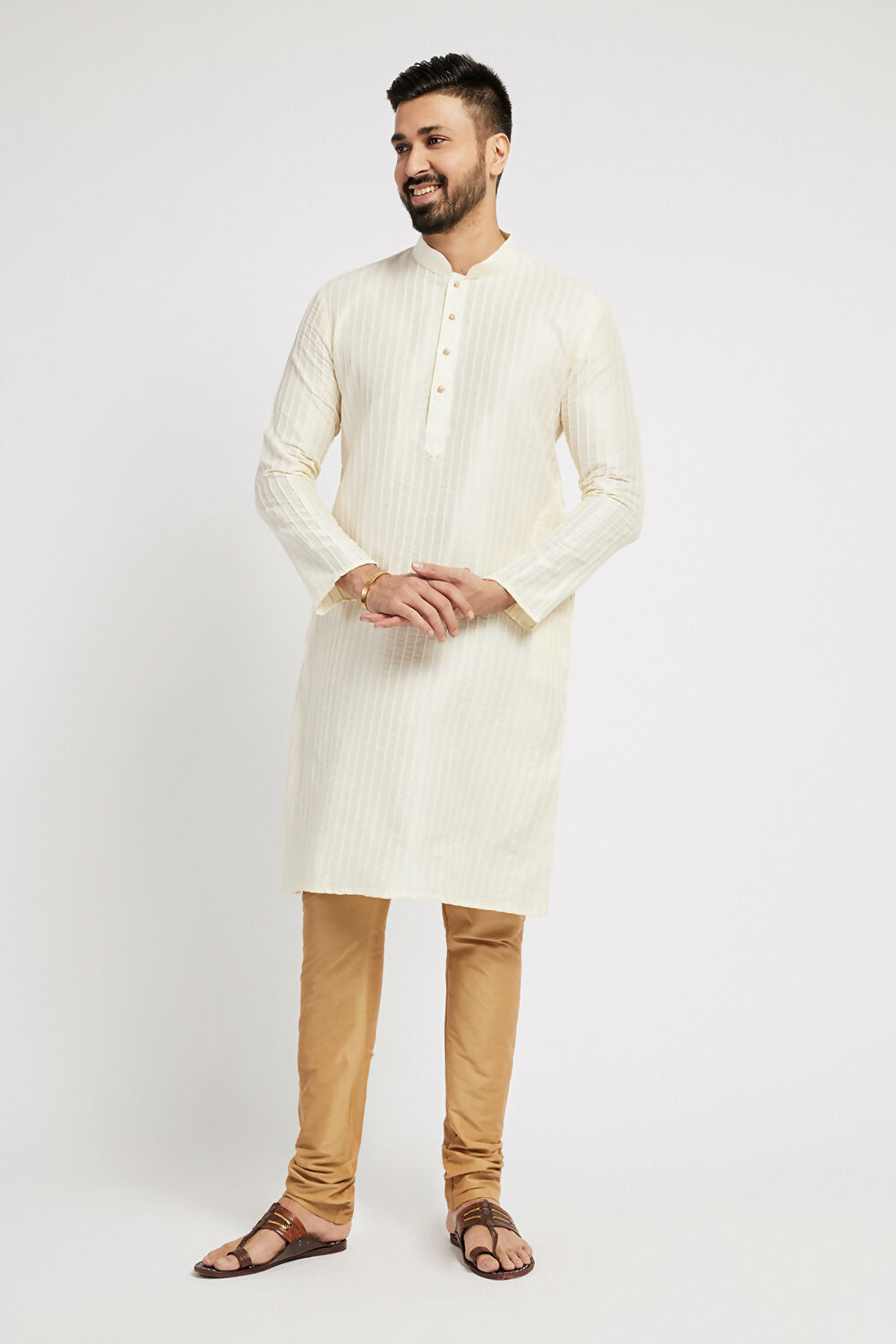 Ethnic India Cream Men's Kurta Striped Polyester - Distacart