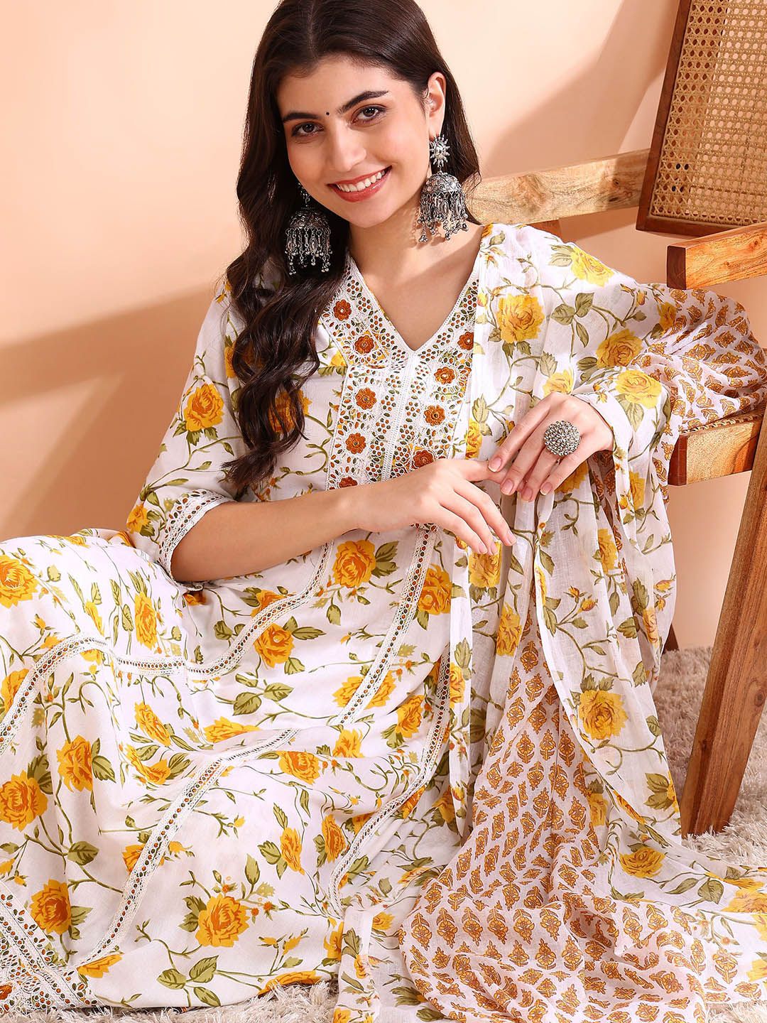 Ode by House of Pataudi Thread Work Pure Cotton Anarkali Kurta with Trousers & Dupatta - Distacart