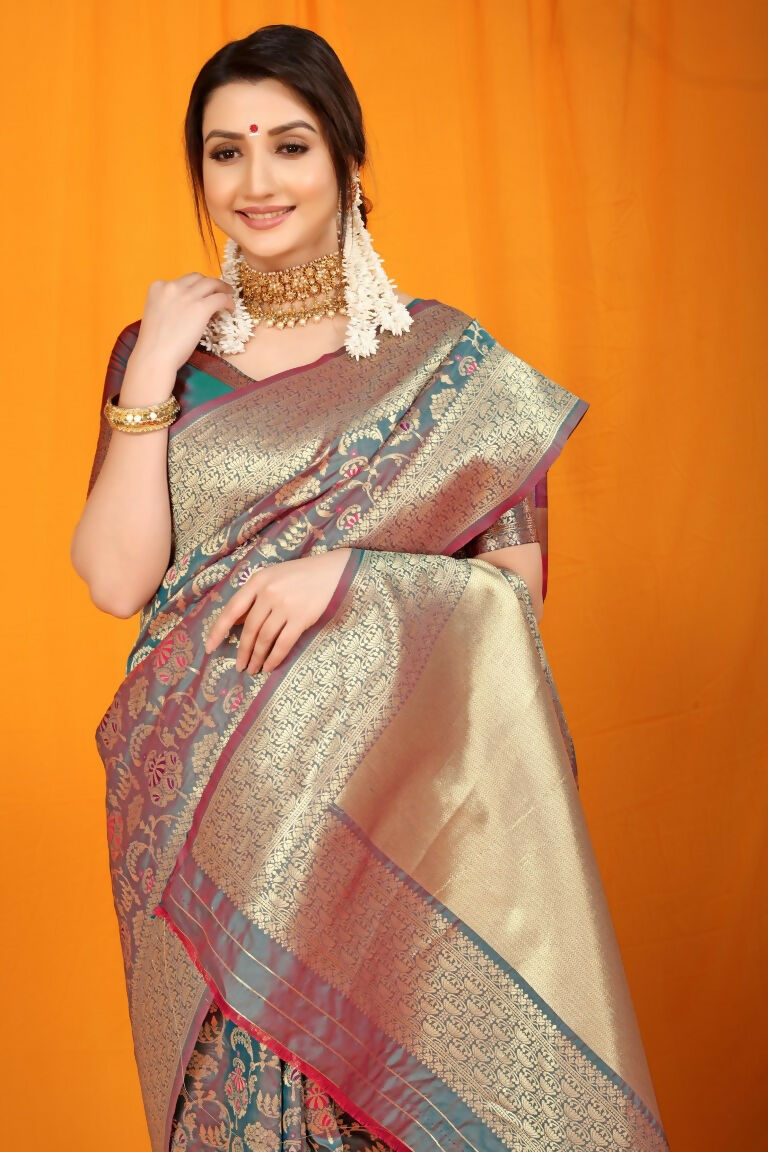 Jyoti Fashion Women's Grey Kanjivaram Silk Zari Woven Saree with Blouse - Distacart