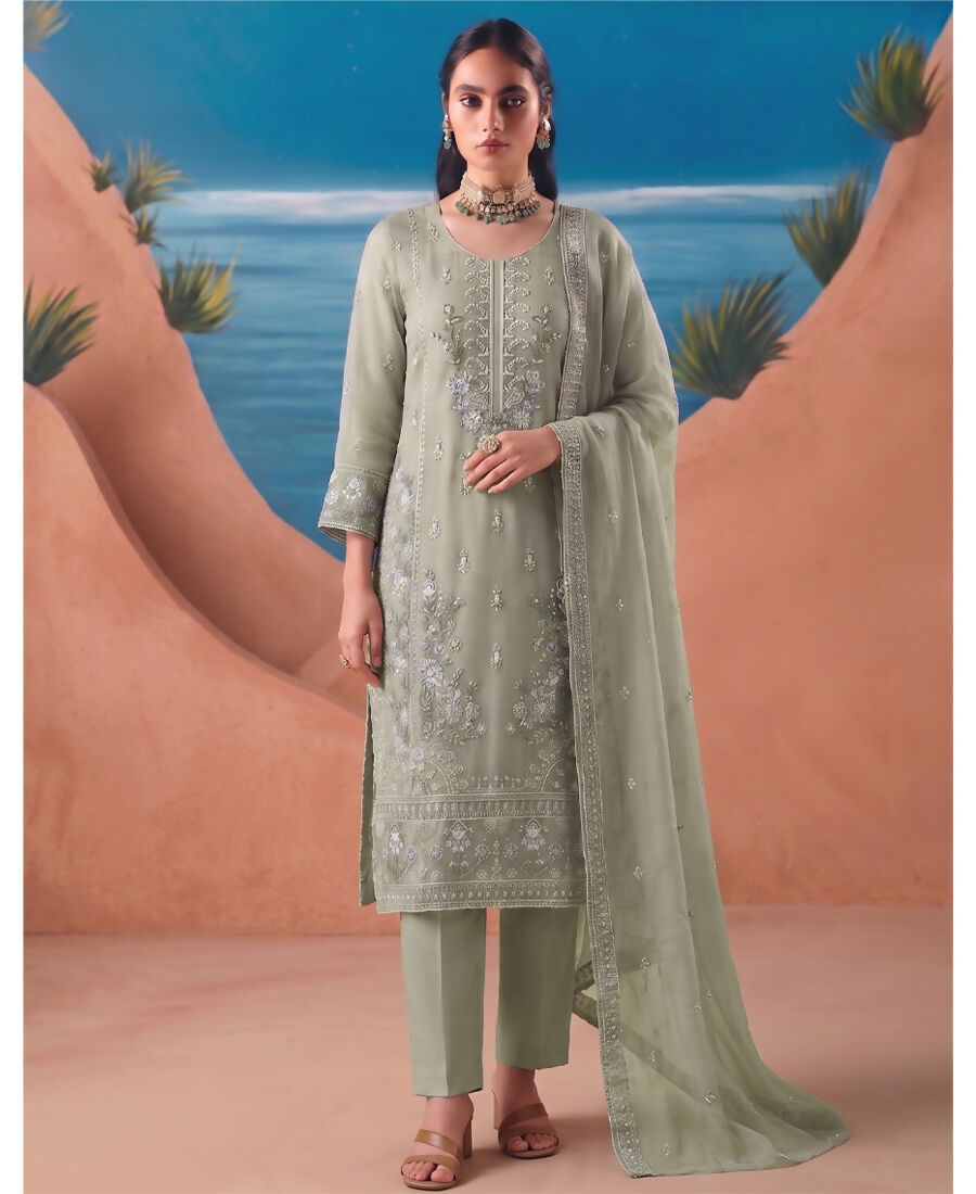 KC Heavy Chiffon Silk Green Hand Embroidered Straight Suit For Women Wedding - Dista
