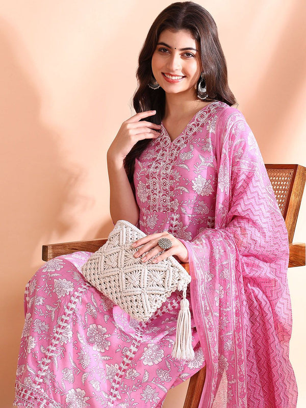Ode by House of Pataudi Thread Work Pure Cotton Anarkali Kurta with Trousers & Dupatta - Distacart