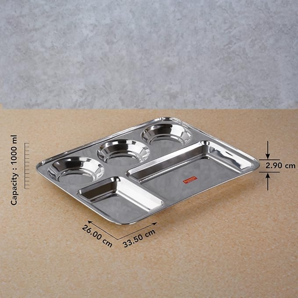 Sumeet Stainless Steel Rectangular 5 in 1 Compartment Lunch/Dinner Plate - small - Dista
